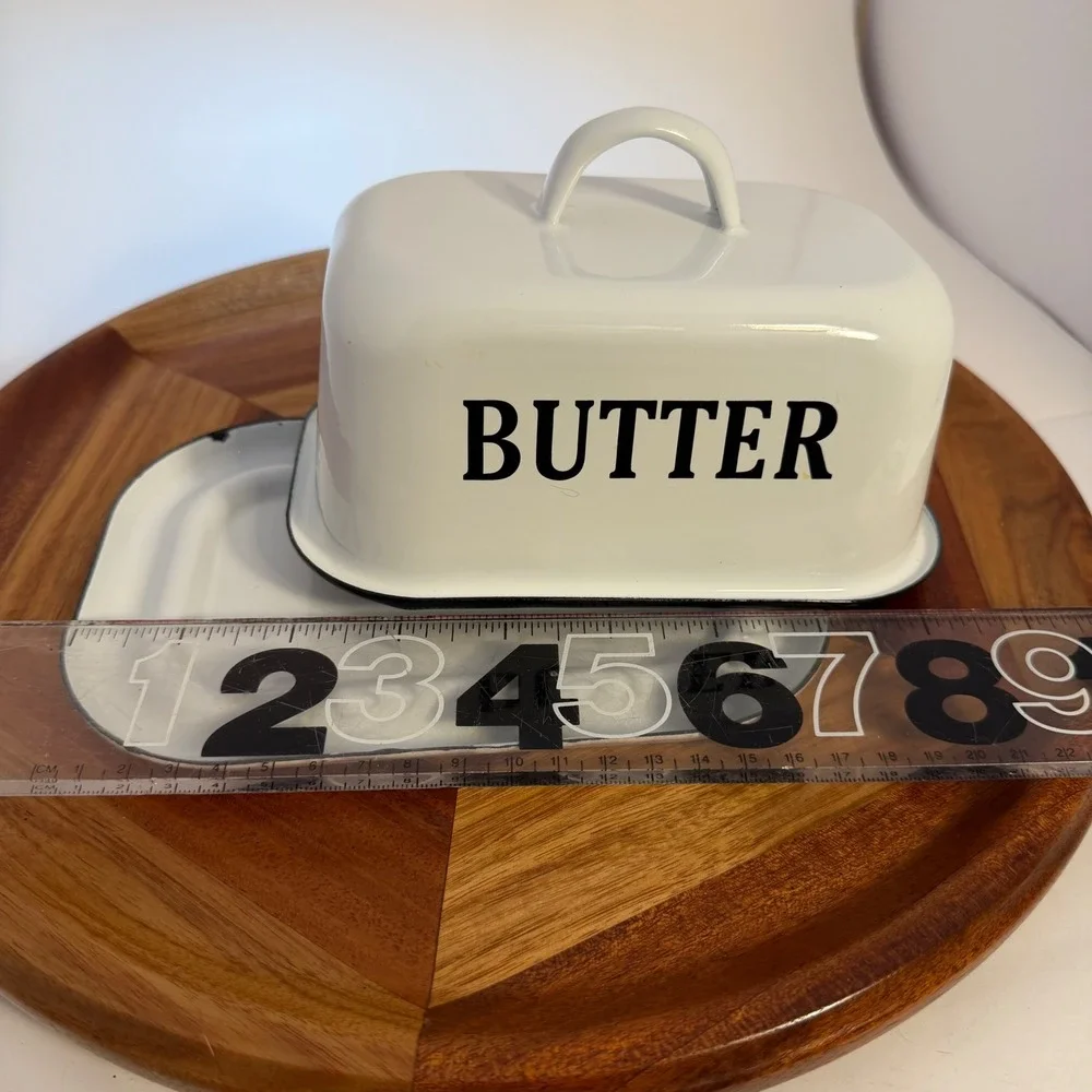Vintage Farmhouse White Enamel Butter Dish with Lid and Handle Black Rim 6 inch